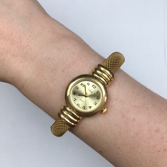 Vtg yellow gold cuff bracelet watch quartz Japan